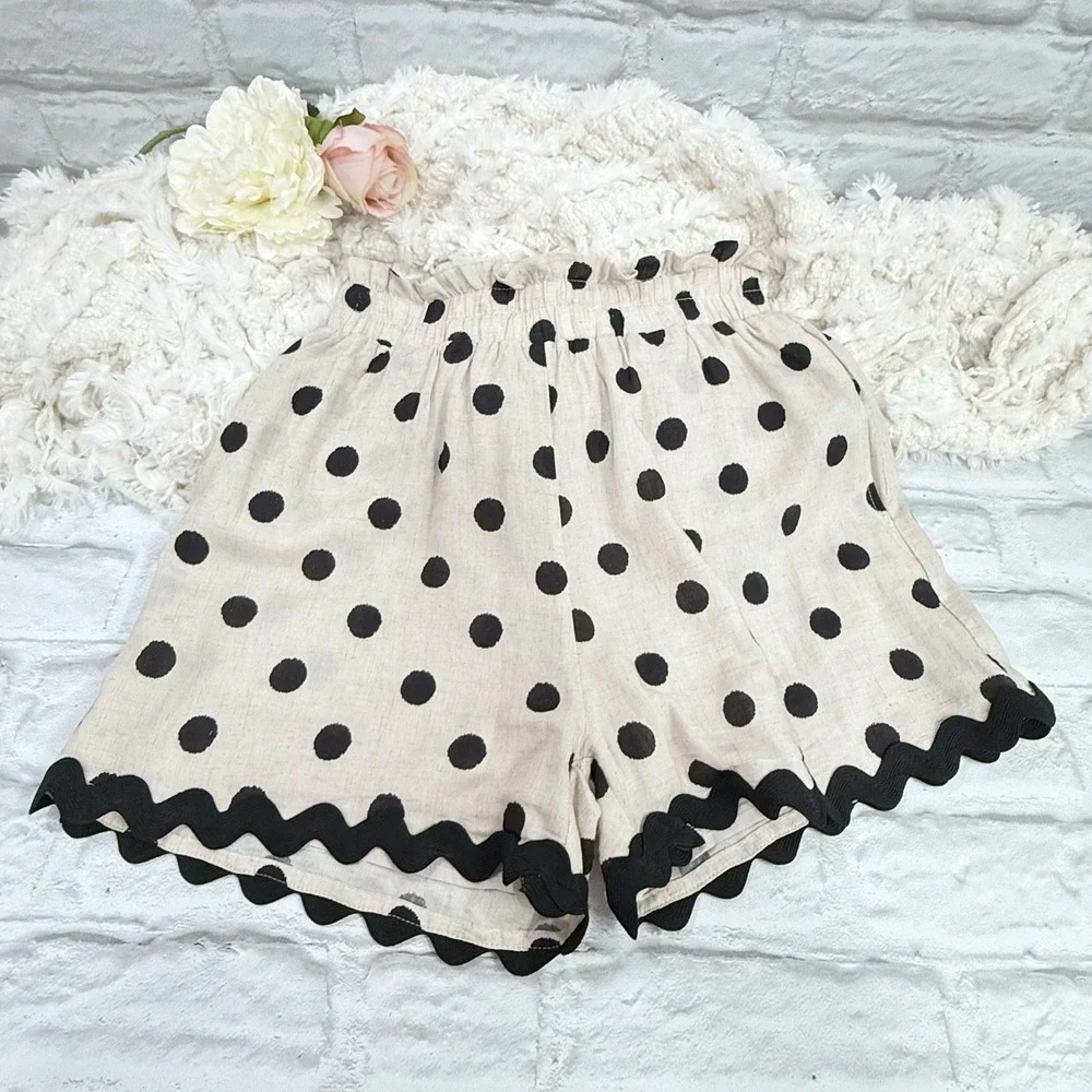 Aaron & Amber Linen Blend Shorts Khaki Black Polkadot Scalloped Hem Flowy Boho S